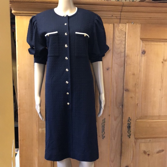 Vintage Italian Avagolf Designer Dark Blue Textured Knit Sweater Dress - Picture 2 of 8